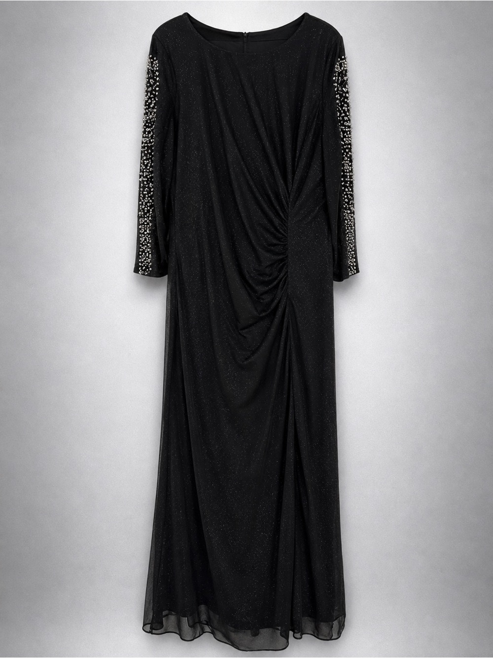 SLNY Black Black Beaded Long Sleeve Ruched Formal Evening Gown-size 14